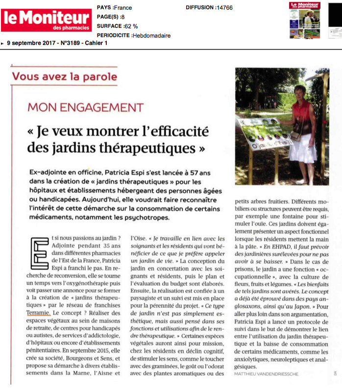 article de presse pésentant l'action des jardin thérapeutique sur la diminution de la prise de médicaments dans les ehpad